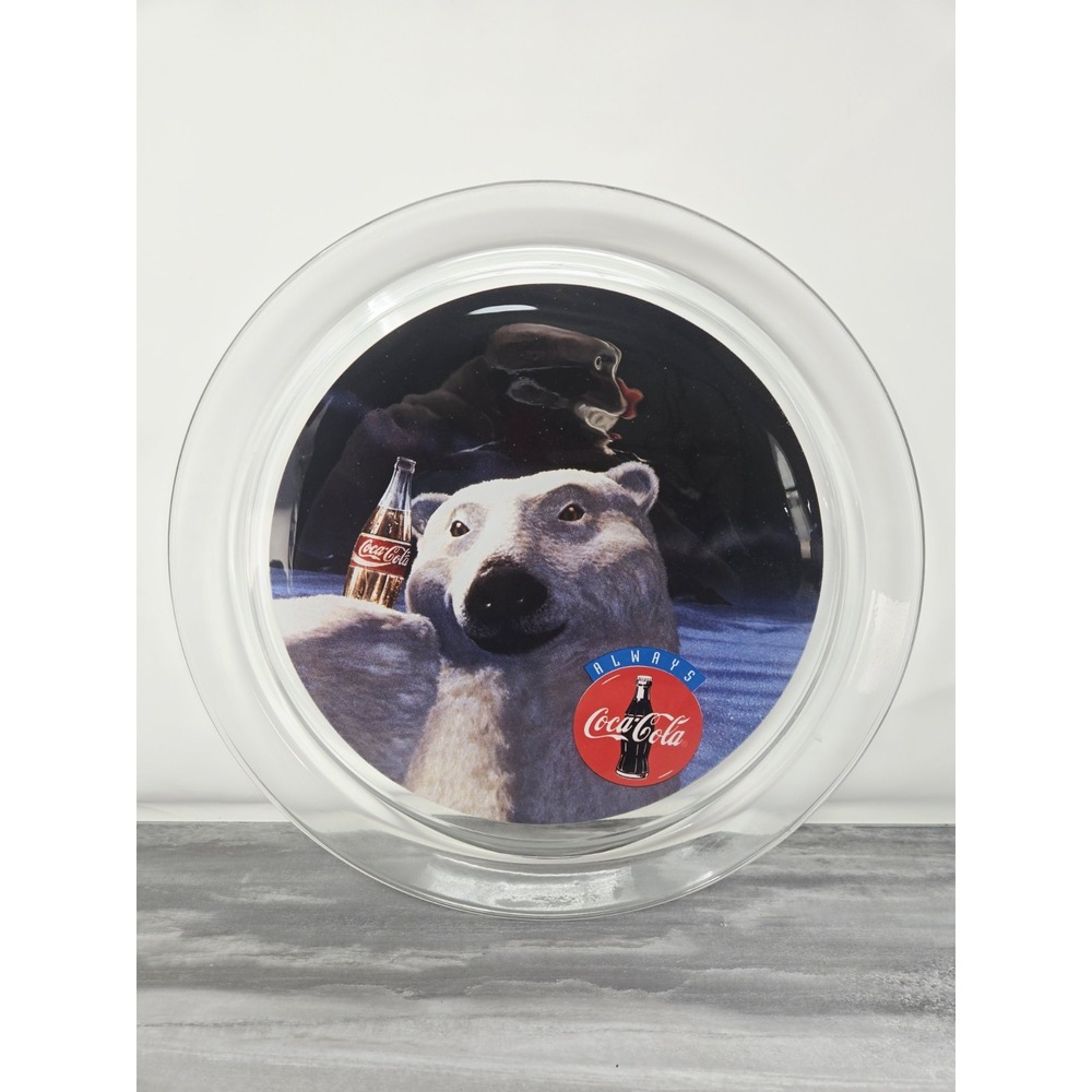 Vintage Coca-Cola Glass Platter 1996 Polar Bear Christmas Cookie Plate 13"‎ Coke